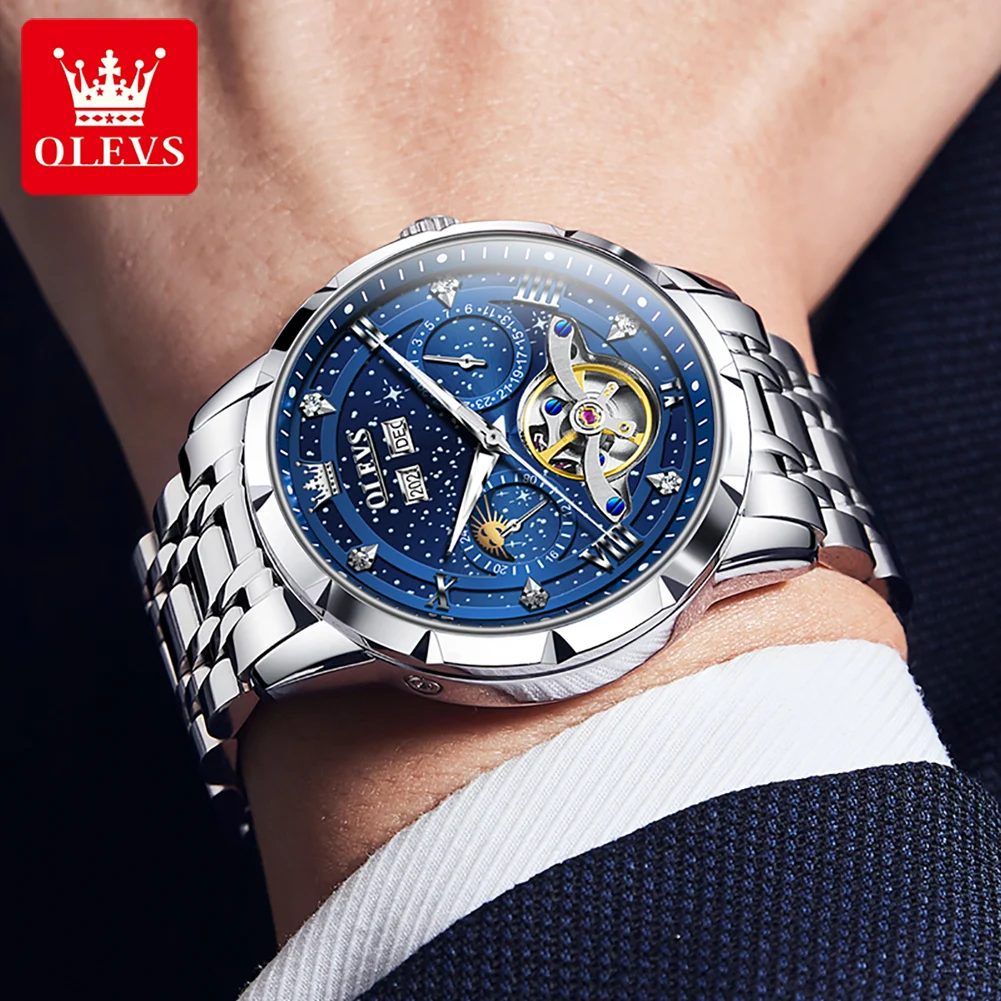 OLEVS Top Brands Fashion Original Men\'s Watches Starry Sky Dial Luminous Skeleton Fully Automatic Mechanical Watch Waterproof