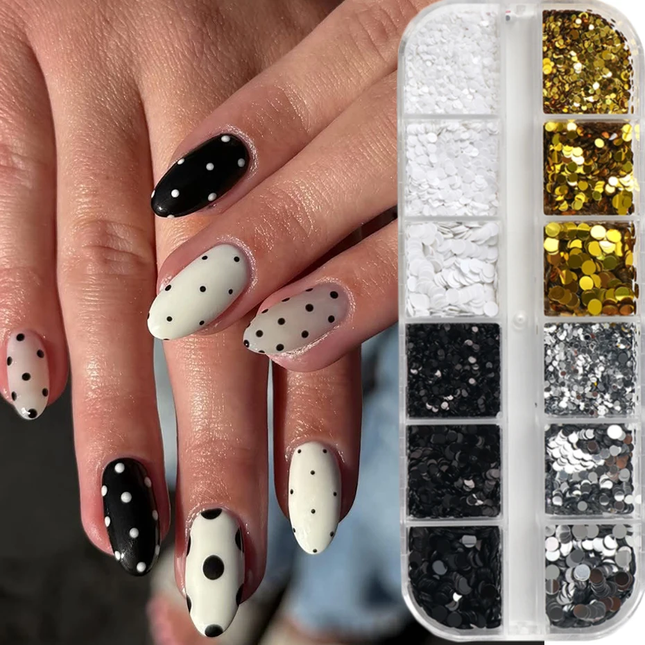 12Grids Mini Circular Nail Glitter Sequin Golden Silvery Black White Polka Dot Design With Mixed Size Nail Flakes for Nail Art