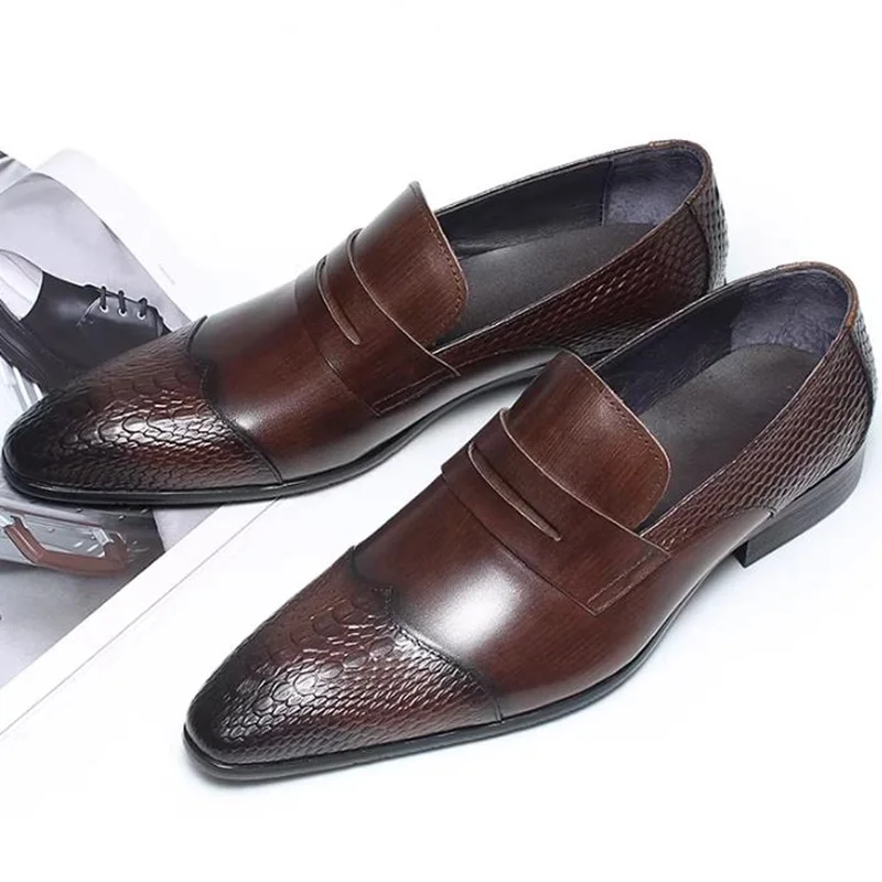 Stylish European-style Crocodile-pattern Embossed Slip-on Leather Dress Shoes For Men Pointed Toe Genuine Leather Formal Shoes