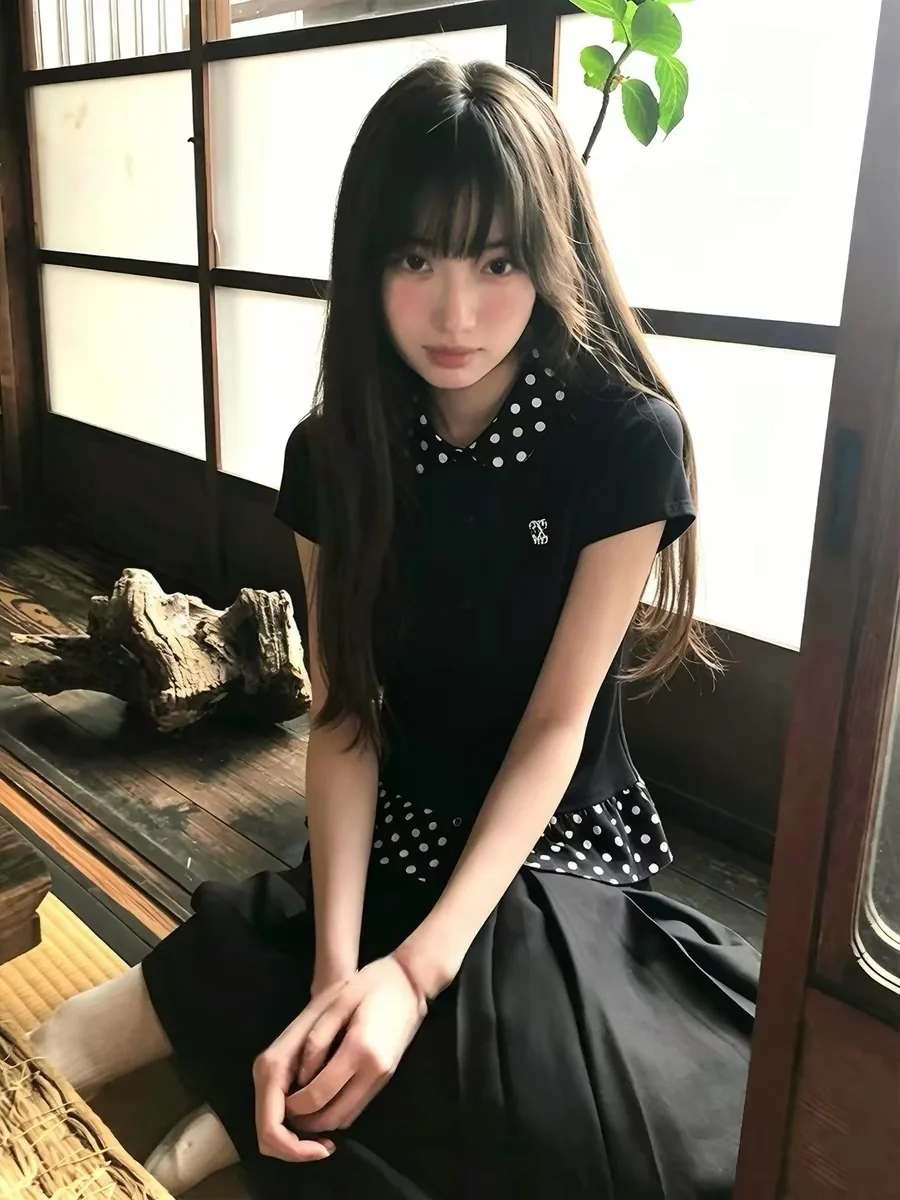 Korean Style Polka Dot Splice Doll Collar Slim Fit Short Sleeve T-Shirt Women's Summer Design Waist Cinching Shoulder Level Top