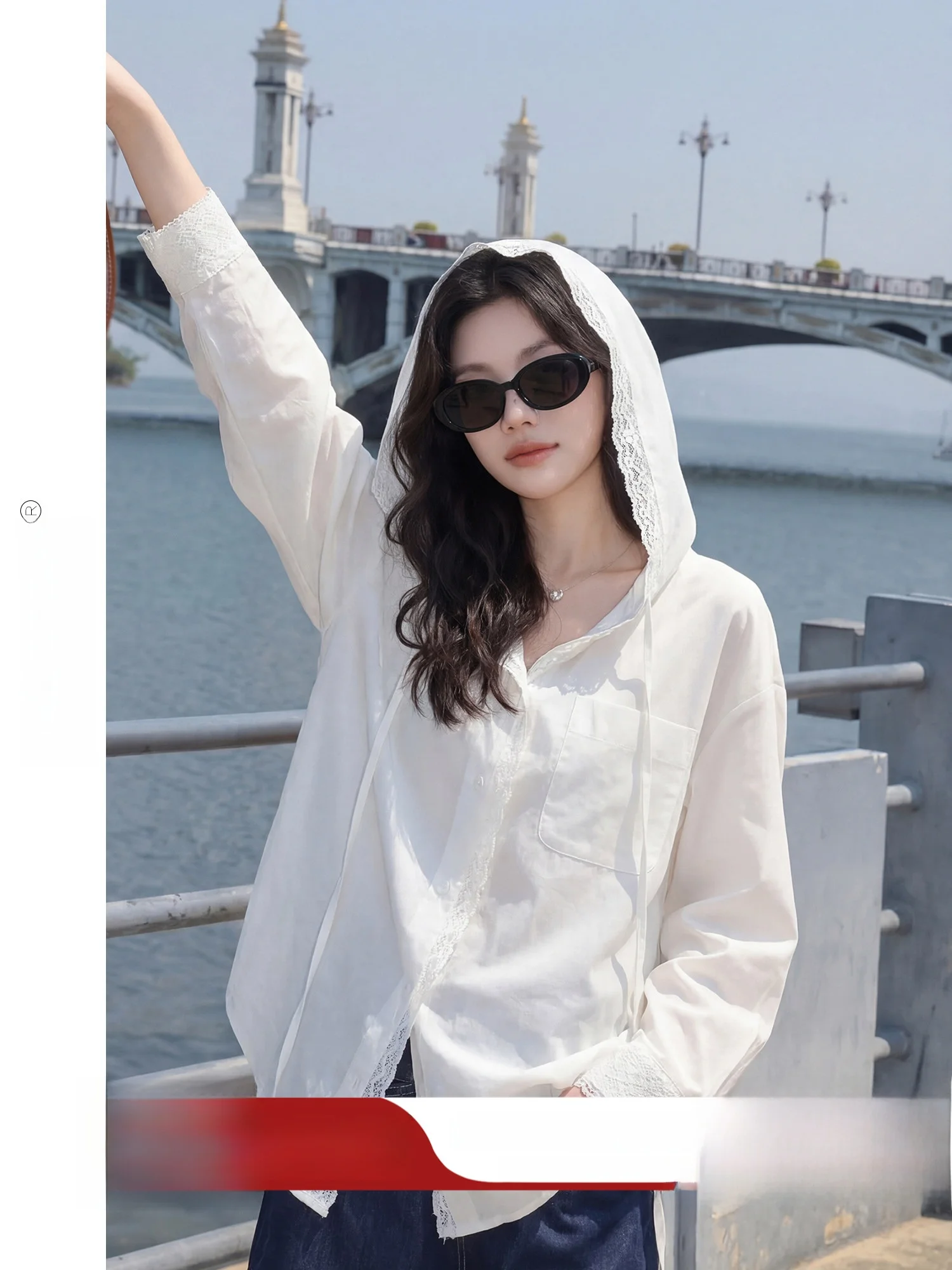 

Fashionable Loose Lace Patchwork Hooded Sun Protection Shirt Spring Summer New Style Women's Korean Style Long Sleeve Shirt
