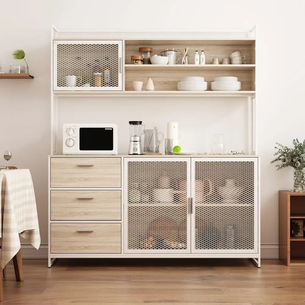 Modern Wood Sideboard Buffet Storage Cabinet with Hutch, 3 Metal Mesh Doors, 3 Drawers & 5 Compartments, Kitchen Pantry Cupboard