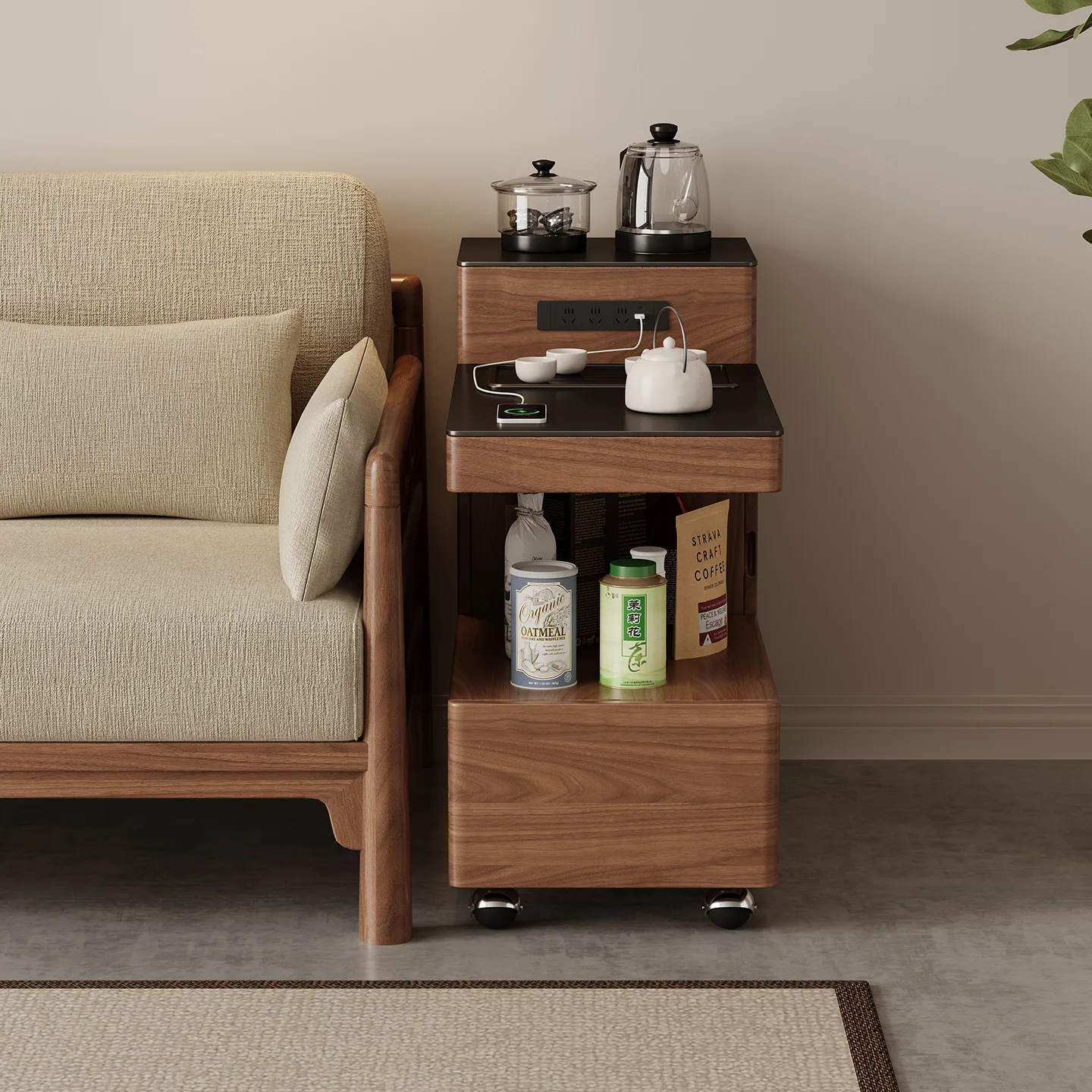 All solid wood tea table multi-functional integrated boiling water with socket tea table sofa side cabinet