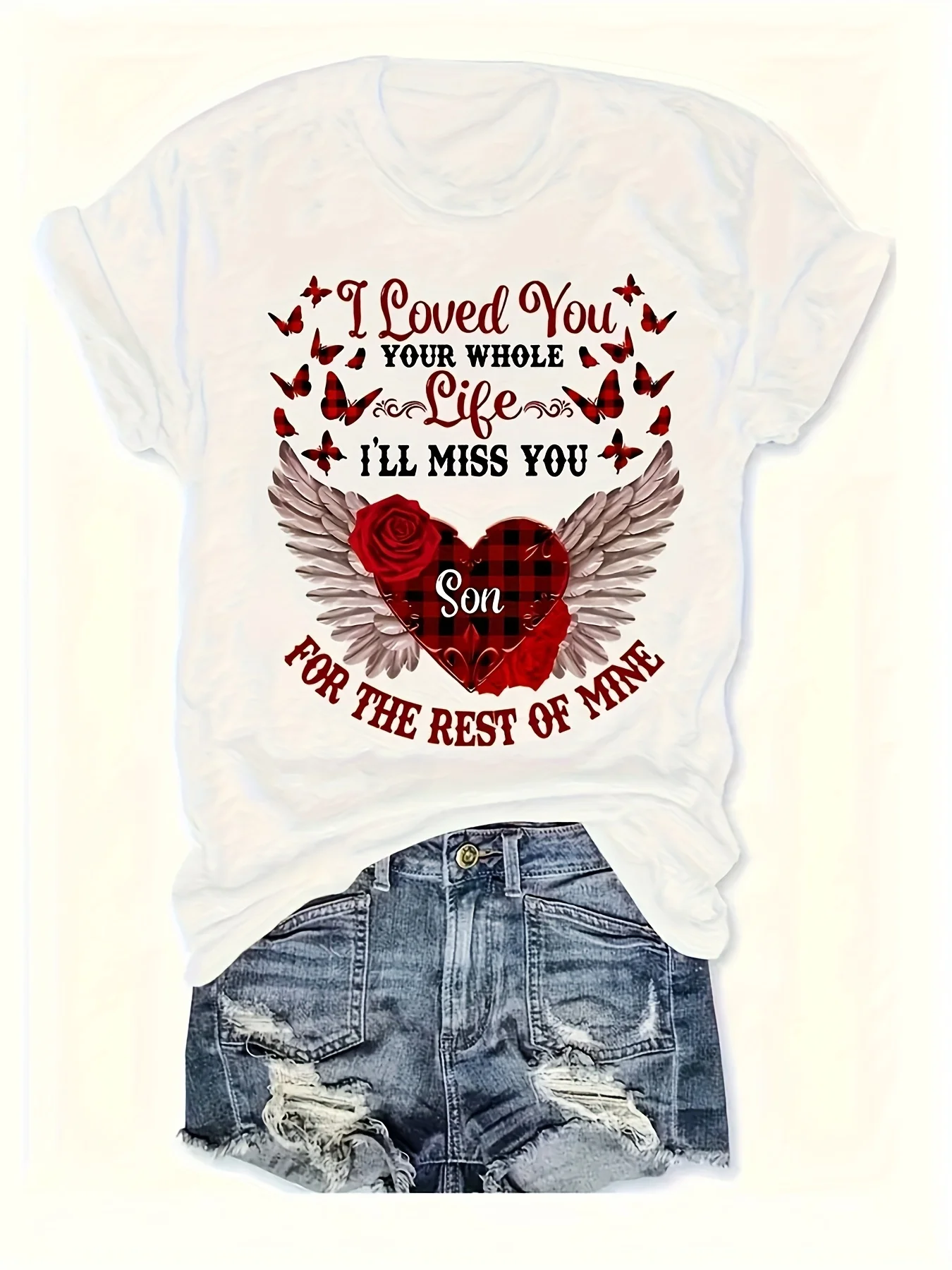 "أنا أحبك حياةك كاملة، سأفتقدك ابن لراقي الأنا" حرف وأجنحة الملاك ورسومات الفراشة، رقبة دائرية قصيرة