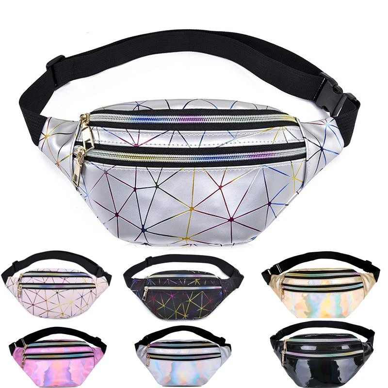 Holographic Waist Bag for Women Glitter Fanny Pack Waterproof Geometric Belt Bag Fashion Laser Waist Pack Phone Pouch Chest Bag