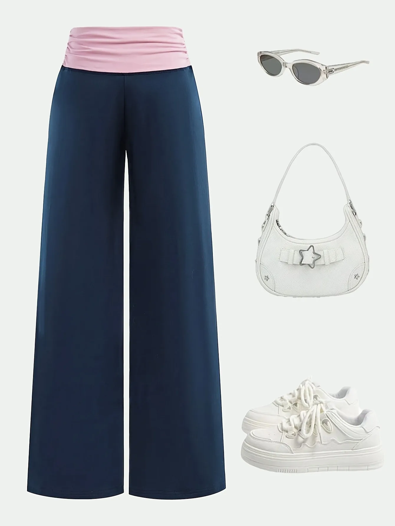 Trendy Girls Fold over Waist Flare Pants, Navy Blue & Pink Color Block Wide Leg Trousers for Daily & Y2K Style