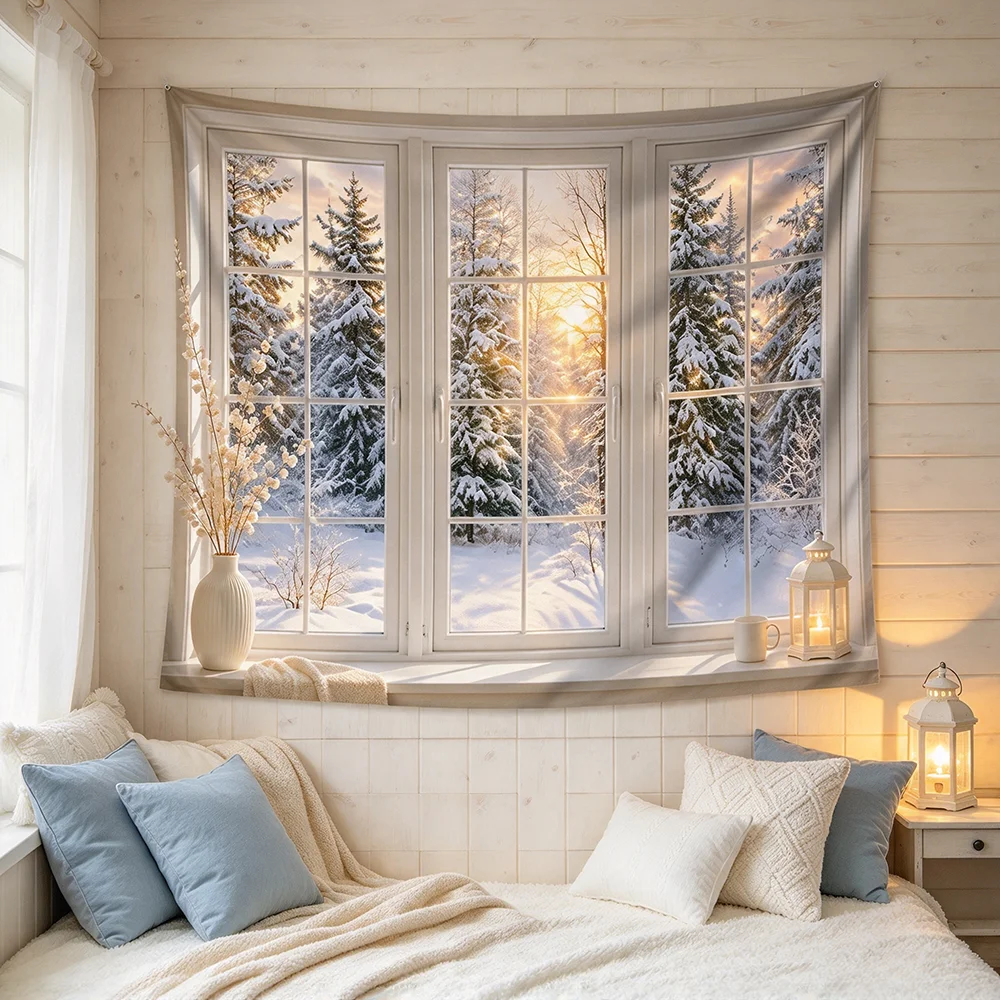 1PCS Tapestry, White Window Snowy Pine Trees Sunset View Scene, Holiday Party Decoration for Home Studio Wall