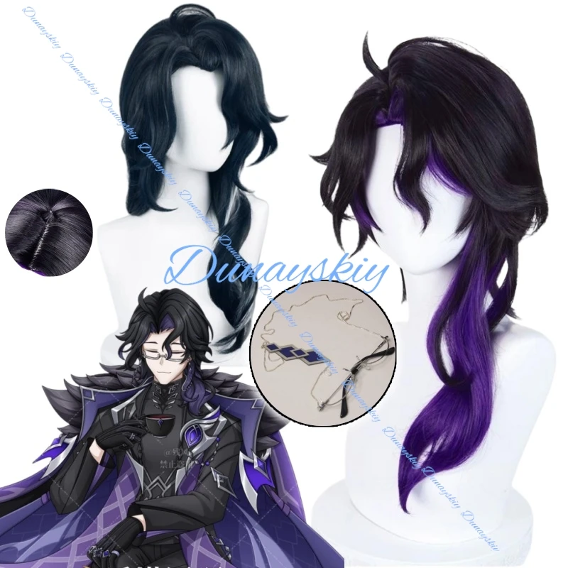 Pantalone Genshin Impact Cosplay Wig with Glasses for Men Black Hair Regrator WakuWaku Free Cap Included view 2