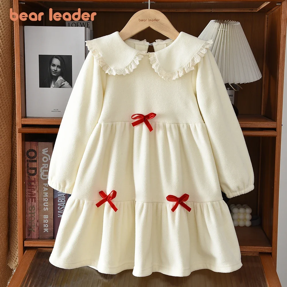 

Bear Leader 2-6 лет, корейская версия, платье для маленьких девочек, весенне-осеннее бежевое детское платье с длинными рукавами и лацканами и бантом