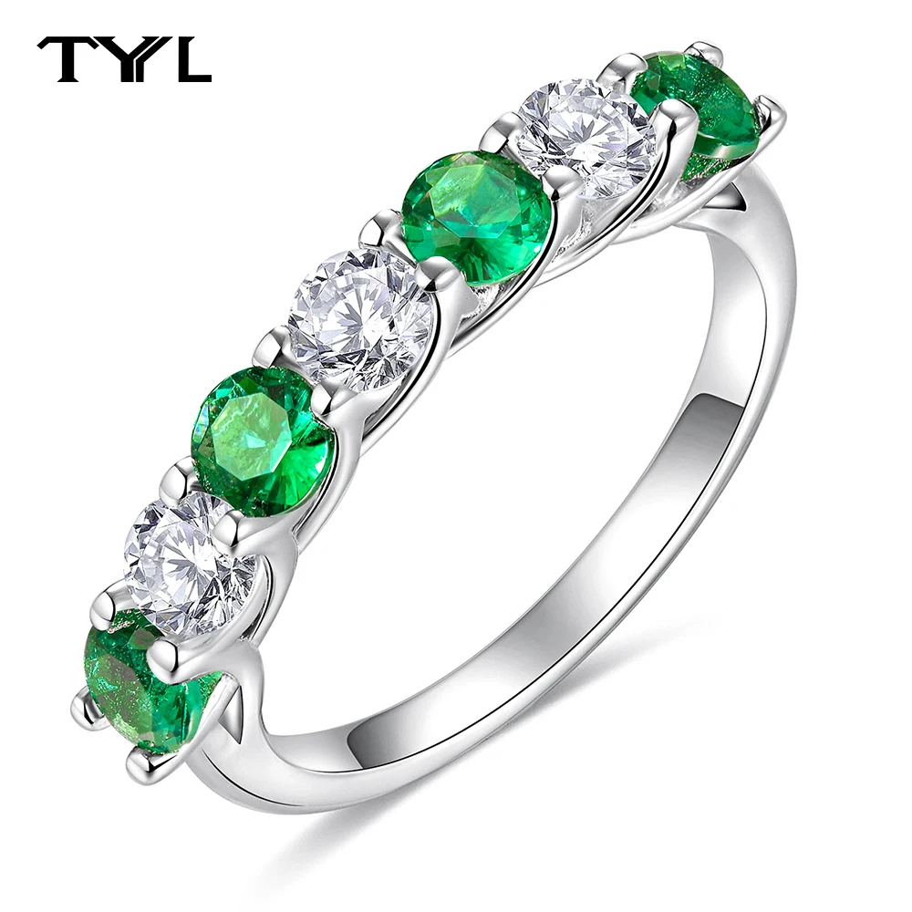 

TYYL Lab Grown Emerald Sapphire Ruby Moissanite 7 Stones Half Eternity Band Jewelry 925 Silver 3.5mm Birthstone Ring for Women