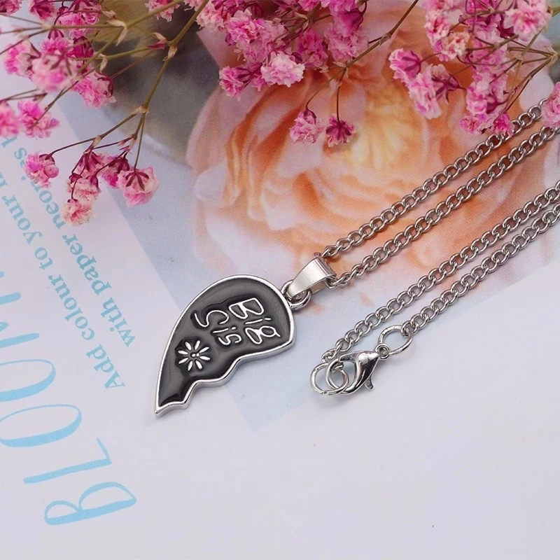 Fashion Big Sis Lil Sis Necklace For Girl Love Heart Shaped BFF Best Sister Pendant Friendship Jewelry Black Pink Family Gift