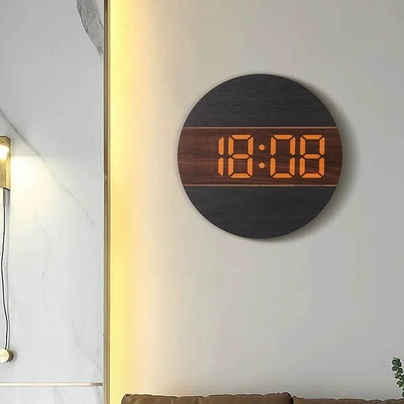 Round Wood Wall Clock for Kitchen 11 Inch Farmhouse Small Wall Clocks USB Power Khaki Black  Auto Photosensitivity  Silent Clock