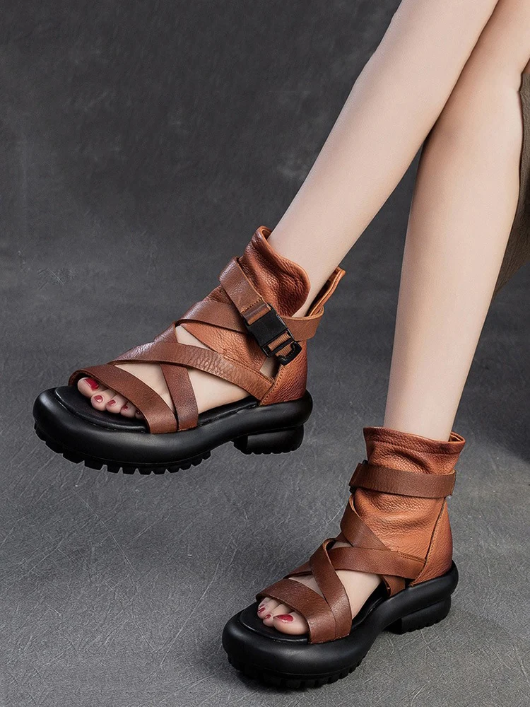 Birkuir Thick Heel Buckle Women Sandals High Top Shoes Hollow Out Cross Belt Ankle Boots Genuine Leather Open Toe Platform Shoes