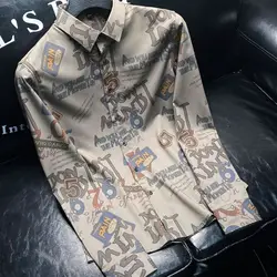 Camisa minimalista de manga larga para hombre, Camisa ajustada con estampado de letras y cuello abatible, de alta calidad, a la moda, novedad de primavera y otoño, 2024