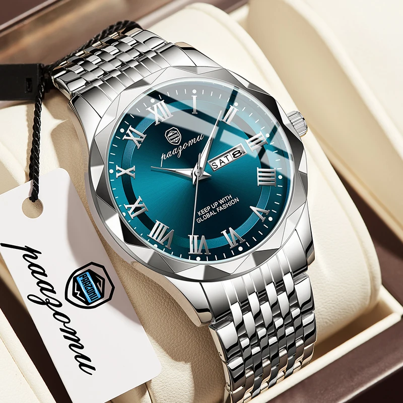 

Luxury Silver Blue Men Wristwatch Waterproof Luminous Date Stainless Steel Male Clock Business Sports Quartz Watches For Men