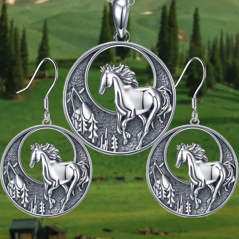 Fashion3pcs Retro Pony Round Pendant Necklace/Necklace & Earring Set, Exquisite Party Commemorative Jewelry Gifts  in A Niche St