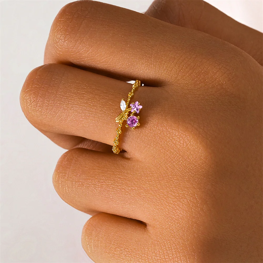 CANNER S925 Sterling Silver Pink Bow Heart Moon Zircon Adjustable Open Ring For Women Wedding Finger Rings Jewelry Anillos Gifts