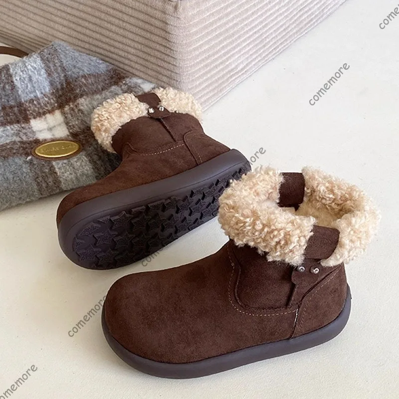 Comemore Vintage Style Padded Short Boots Warm Women Winter Shoes Casual Flat Bottom Slip on Suede Lamb Wool Cotton Female Shoes