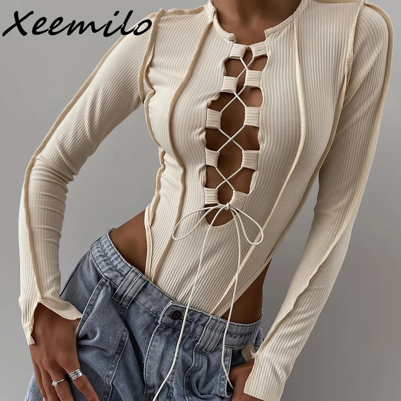 Xeemilo-body Sexy de vendaje cruzado para mujer, Bodi ahuecado de manga larga acanalado, Bodycon de Club nocturno, Y2K