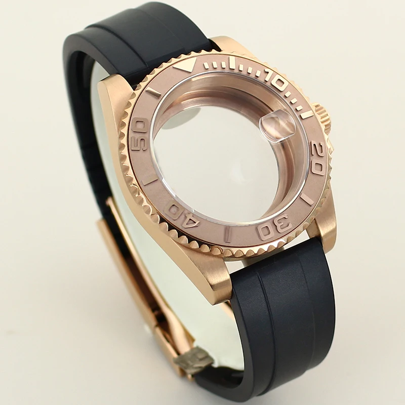 Rose Gold Case 40mm Ms. Watch Case Rubber Strap Sapphire Glass For NH35 NH36 NH34/38 Miyota8215 Eta 2824 Movement Ceramic Bezel