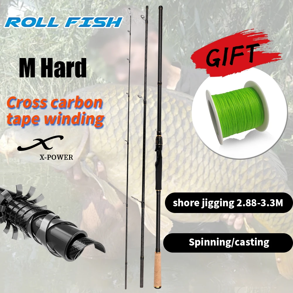 ROLLFISH Carbon Fiber Fishing Rod 3 Sections Cross Carbon Tape, High Sensitivity Seawater and Freshwater Gift 100M Fishing Line