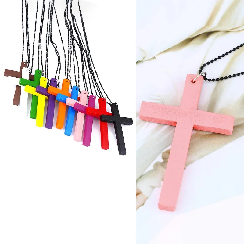 Punk Gothic Wood Cross Pendants Necklace For Women Black White Red Cross Choker Y2k Hip Hop Necklace Sweater Chain Gifts