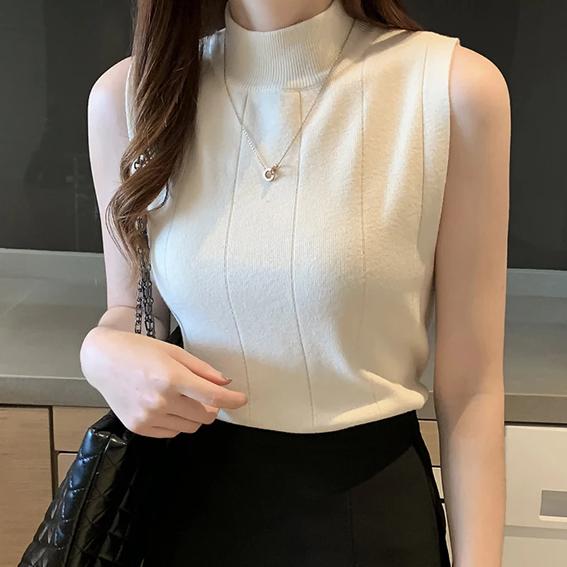 Half High Neck Sleeveless Knitted Top Solid Simple Casual Basic Women Clothes Autumn 2024 Lady Trend Skinny Vest Pit Stripe Tank