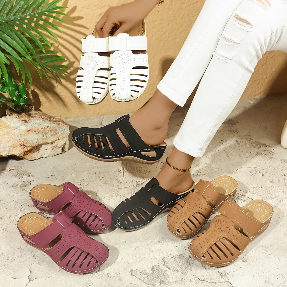 

Новые летние женские тапочки, сандалии на танкетке с открытым носком, Нескользящая женская обувь на платформе в стиле ретро, трендовые уличные повседневные шлепанцы, женские шлепанцы
