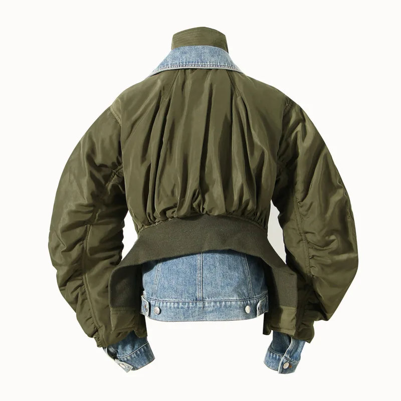 ANJY Autumn Winter New Women Safari Style Loose Fake Two-piece Pleated Patchwork Denim Jackets Trendy Fashion Padded Coat A27601