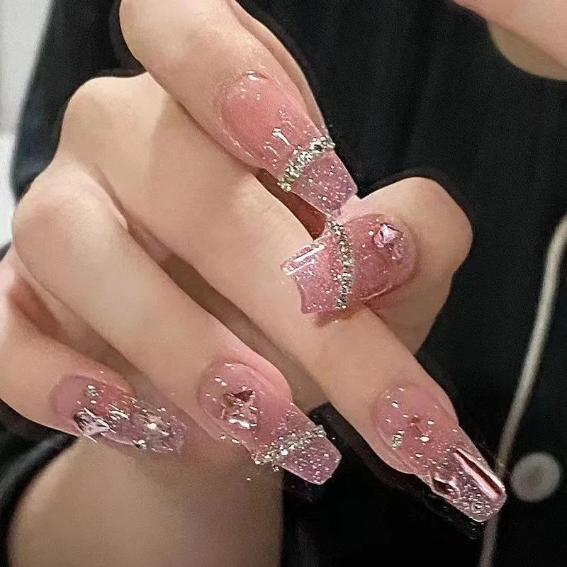 

24PCS Handmade Wearable Nails Kit With Adhesive Full Cover Artificial False Nail Art Removable Nail for Students Fashion Gifts
