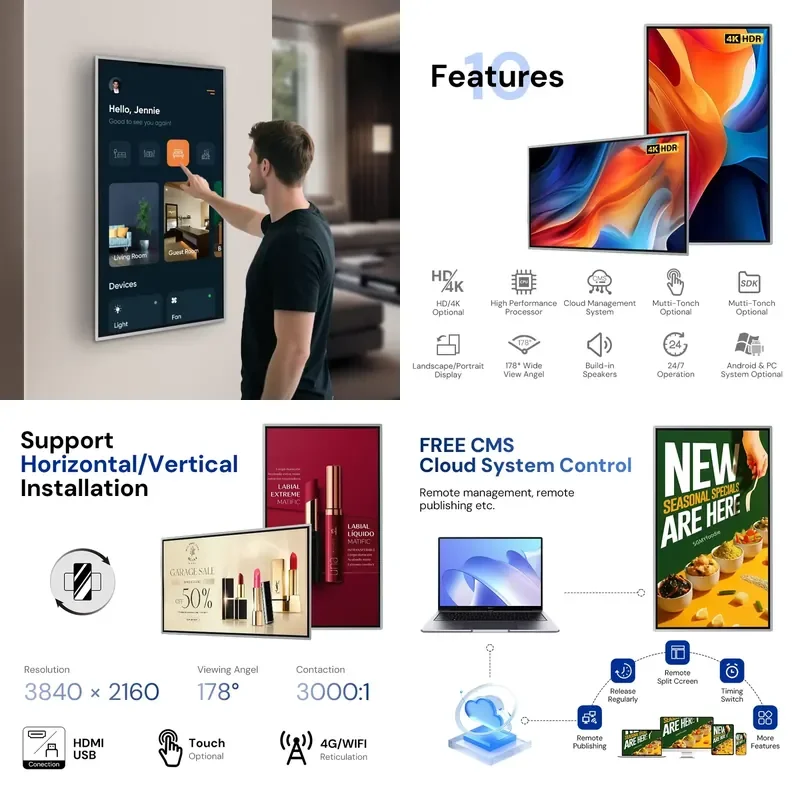 Android 14 Ultra Thin All in One 32 43 50 Inch Wall-Mounted Digital Display Touch Screen Marketing Advertising Display