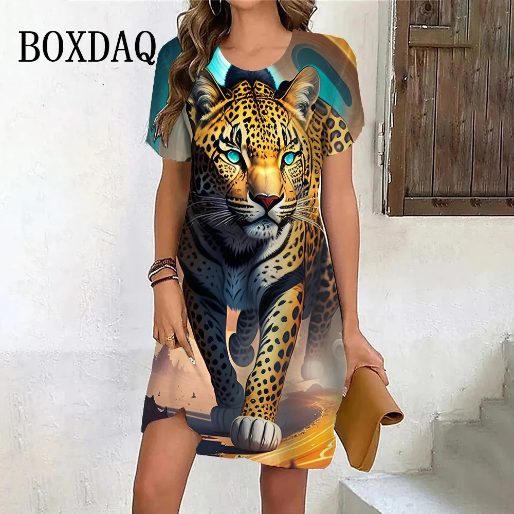 Tiger Graphic Dresses For Women Casual 3D Print Vintage Dress Female Fashion Short Sleeve Plus Size Dress 2024 Summer Clothes