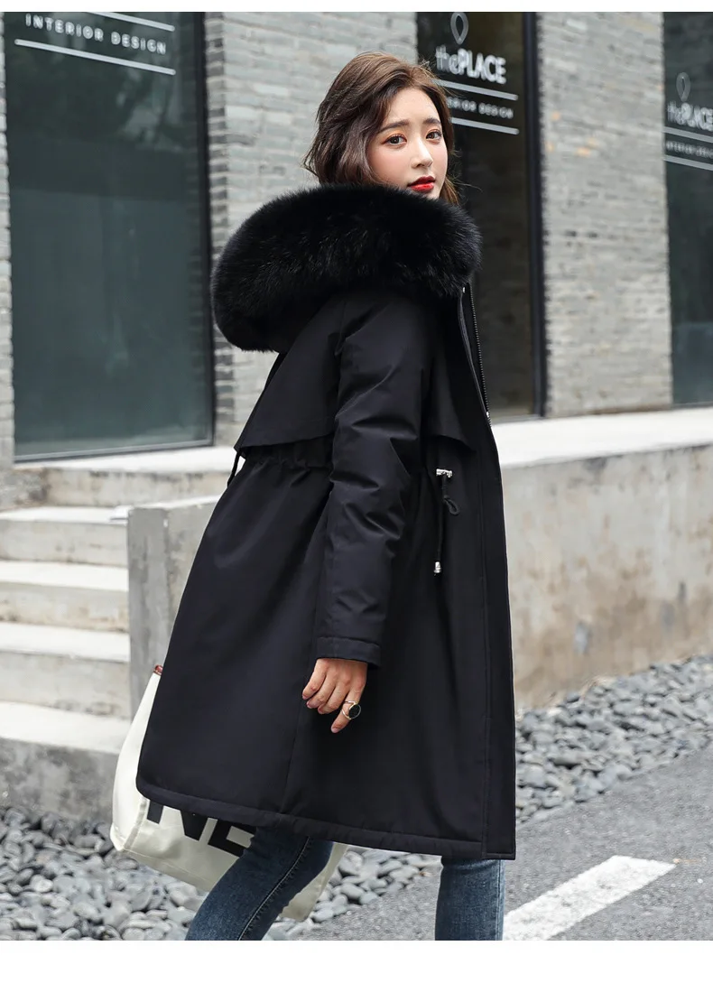 Parkas Jacket Women Cotton Coat Winter Mid Length Outerwear Fur Collar Plush Liner Hooded Drawstring Thick Windproof Office Lady