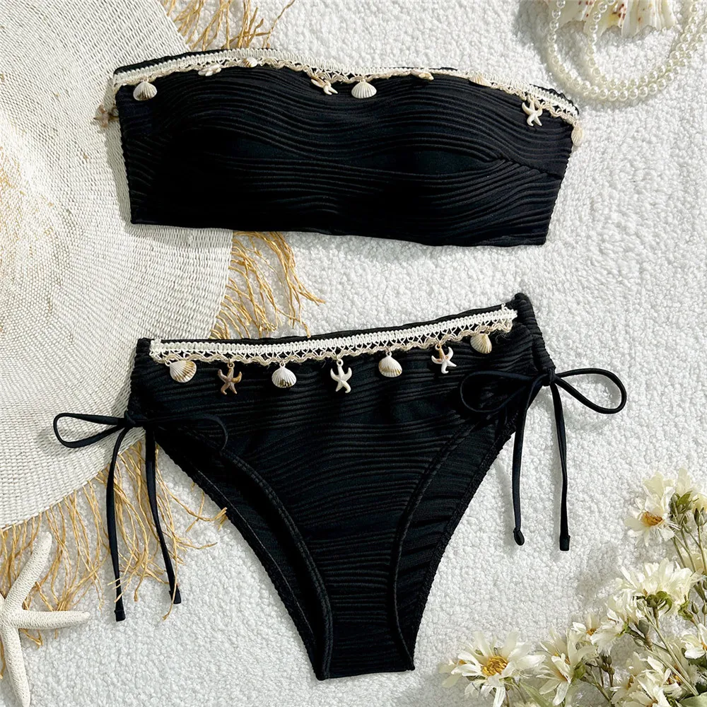 

Black Bandeau Bikinis Sets Woman 2025 Shell Starfish Edge Sexy Swimsuit Women Solid Textured Swimwear Beach Holiday Bikini Mujer