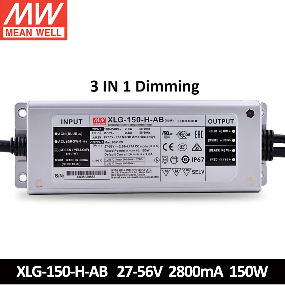 MEAN WELL XLG-150 12V 24V 27-56V 2700mA 1400mA 2800mA constant power LED driver IP67 150W adjustable power Supply XLG-150-H-AB