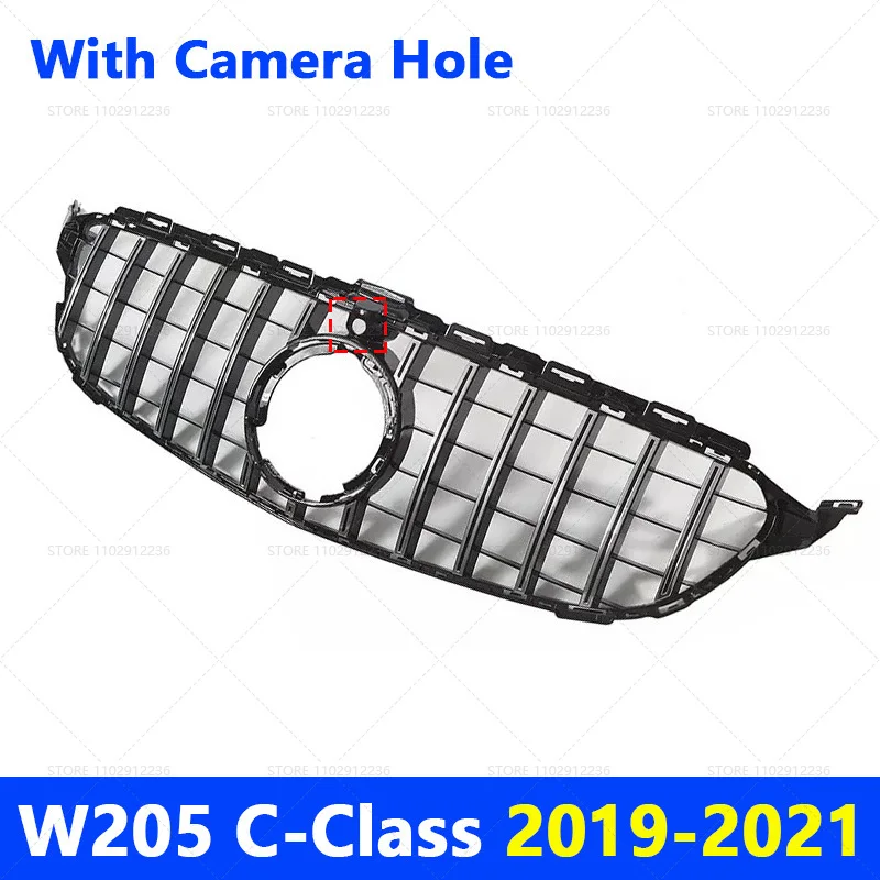 for 2015-2018 2019-2021 W205 C-Class Mercedes Benz C180 C200 C250 C300 C400 GT Front Bumper Grille Hood Grill With Camera Hole