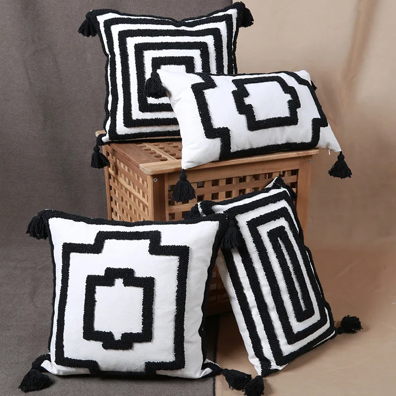 

Square Cushion Case with Tassels Fall Decor Boho Tufted Throw Pillow Cover 18x18 Inch Modern Upholstery Black and White Cotton