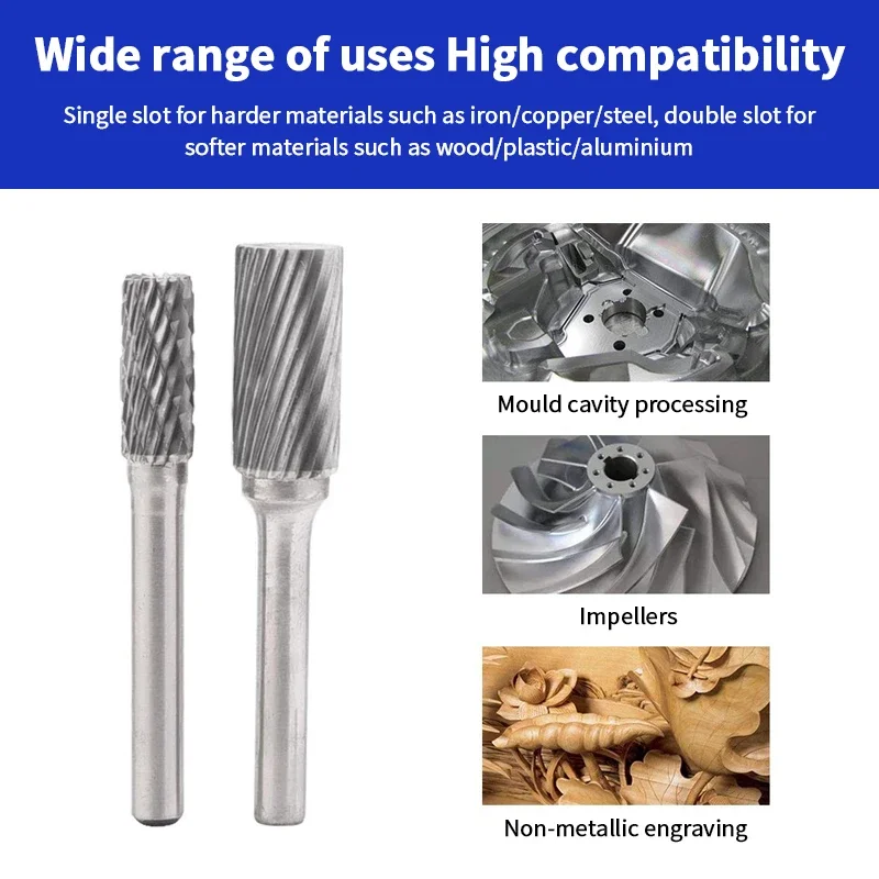 Tungsten Carbide Burr Shank Double Cut Rotary Burr File for Metal Wood Carving Engraving Milling Cutter Hand File Rotary File