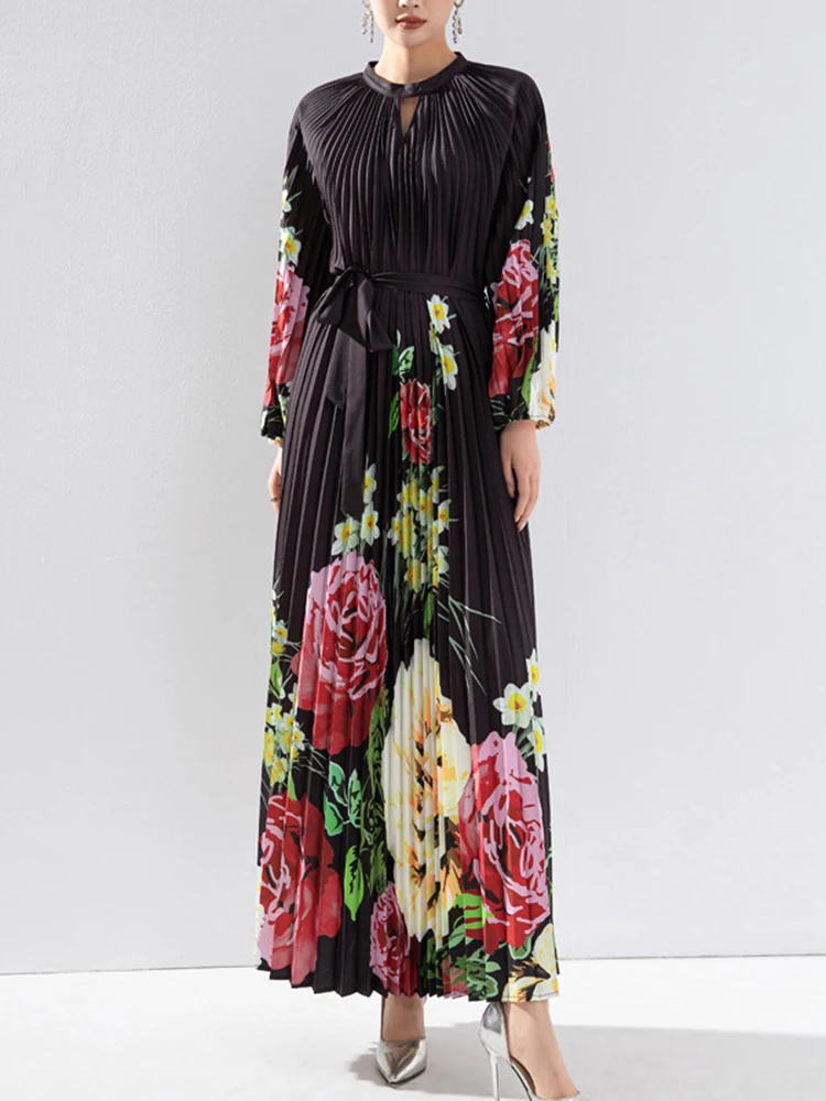 LANMREM 2024 Spring Pleated Long Dress Women Floral Print Belt Gathered Waist Loose Dresses Fashion Party 2024 Spring 2AA4677