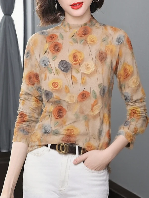 

Элегантная женская футболка с длинным рукавом и принтом, облегающая, для женщин среднего возраста, с высоким воротом, в горошек и полоску