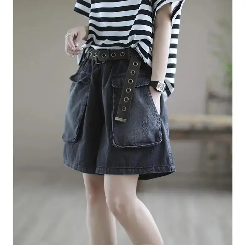 Vintage Harajuku Denim Shorts Summer Women Elastic High Waist Casual Chic Jeans Shorts Pockets Wide-legged Trousers Skirts New