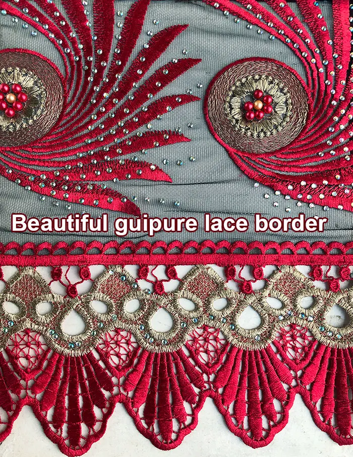 Royal blue Gold Big French Lace African Tulle Fabric with Guipure Cord Fabric Edges Lots of Stones High Quality