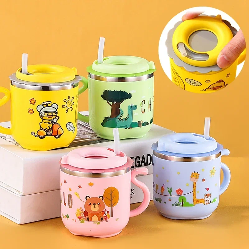 270ML Kids Water Sippy Cup Creative Cartoon Baby Feeding Cup with Straws Leakproof Water Bottle Portable Children's Cups