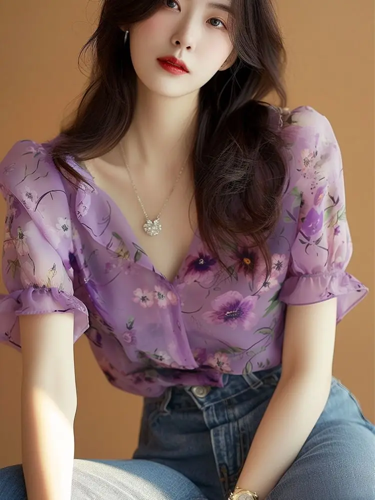 French Purple Sunscreen Shirt Light Luxury High End Women's Summer Chiffon Puff Sleeve Floral Short Sleeved