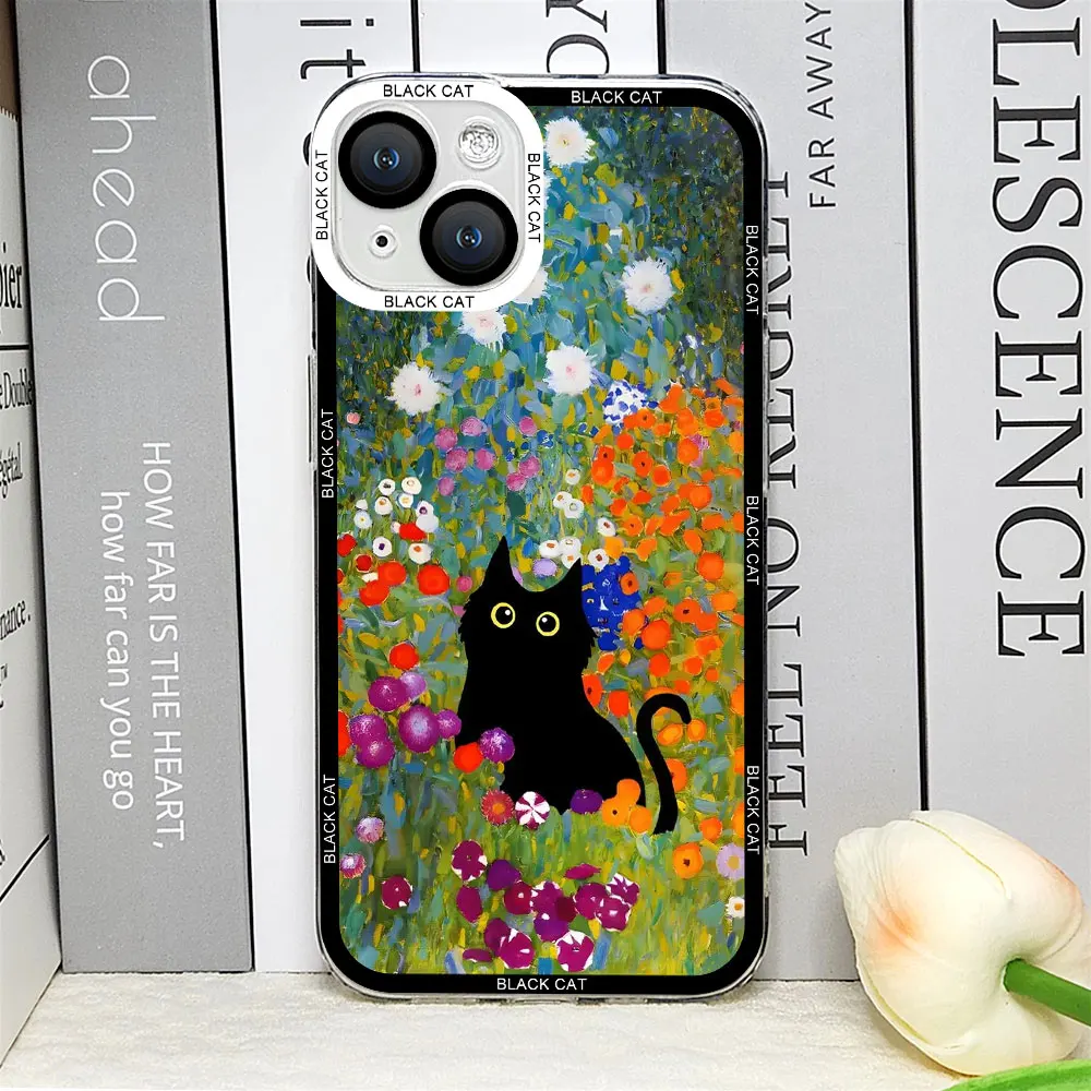 Retro Oil Painting Van-Gogh Flower Art Cat Phone Case for IPhone 15 11 13 12 Mini 14 Pro Max 7 8Plus SE X XS XR Soft Cover Shell