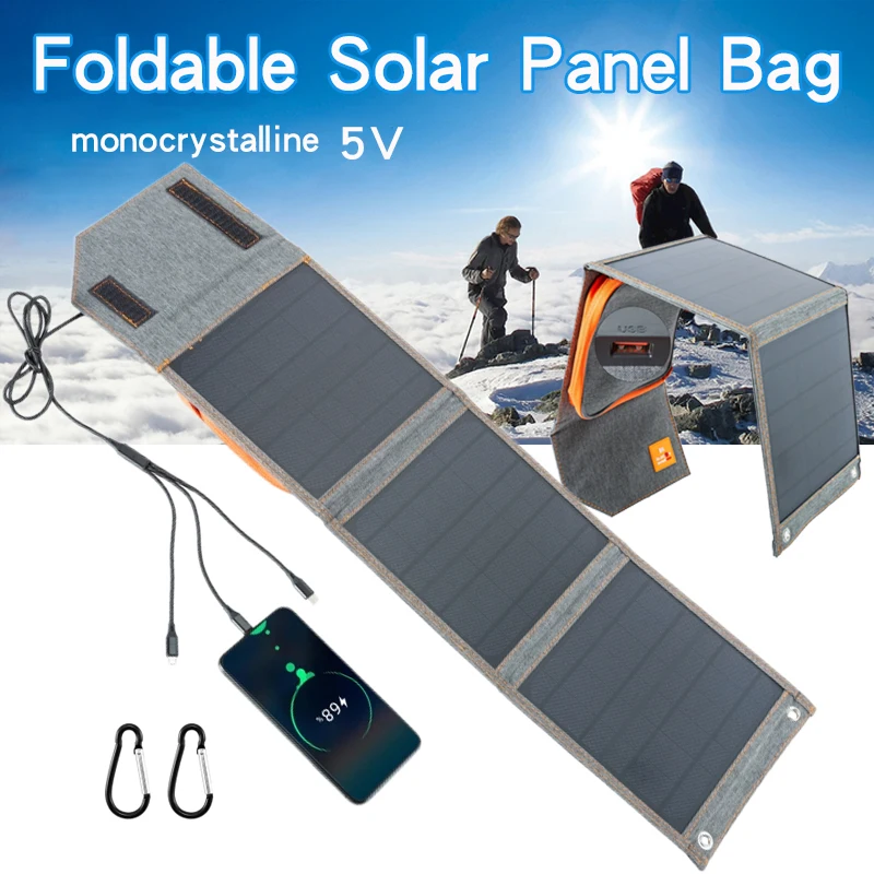 Solar Panel Folding Bag USB Output 15W 50W5V Solar Battery Charger Waterproof Smart Phone Watch Power Bank for Traveling Hiking