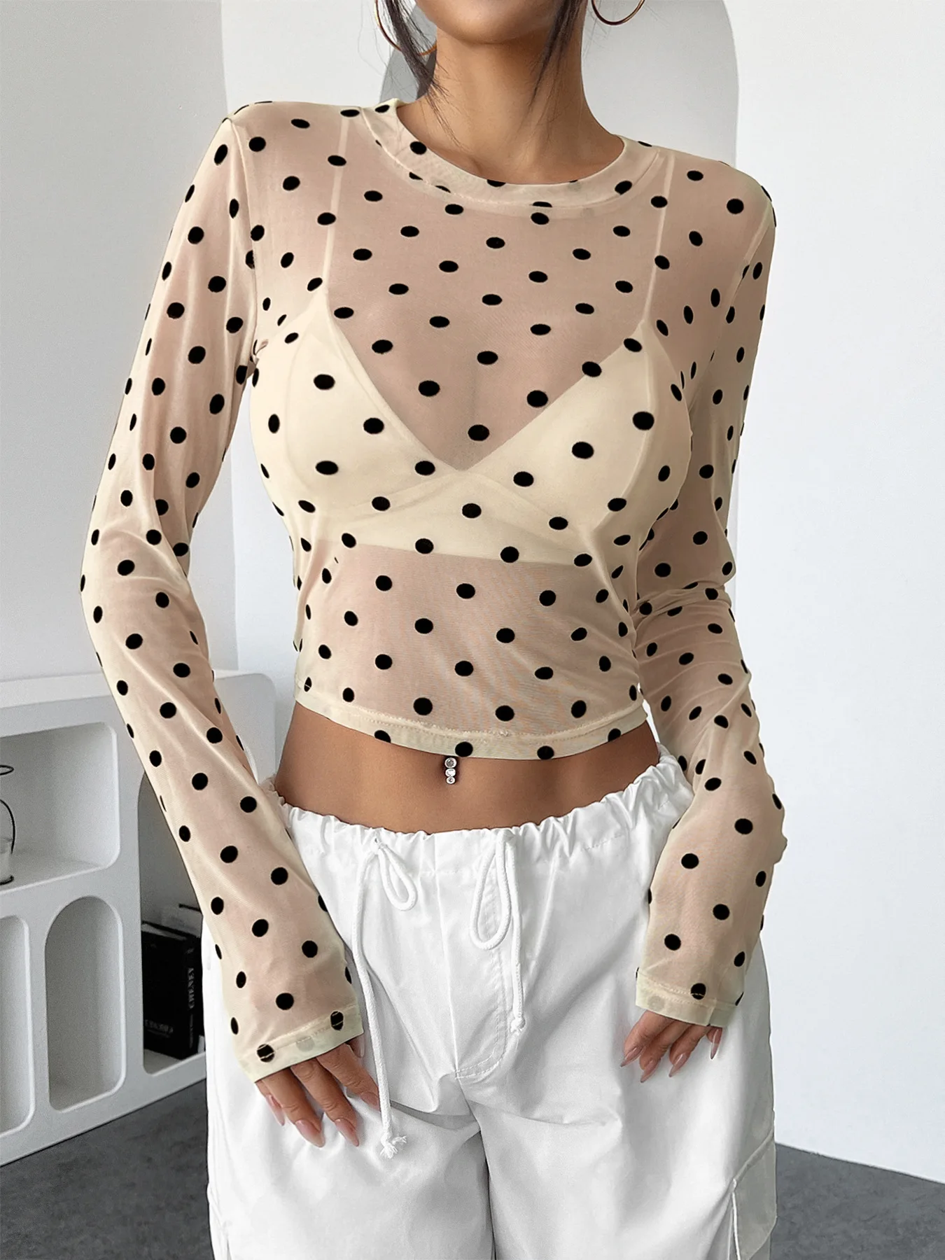 

2026,New,European,Clothes,Mesh,Thin,T-Shirt,Fashion,Sexy,O-Neck,Polka Dot,Print,Women,Tops,Long Sleeve,Perspective,Tees,512023