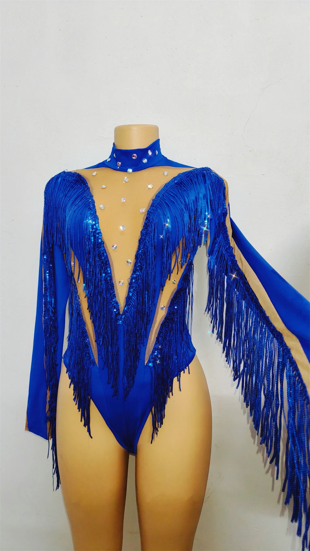 New Flashing Blue Fringed Rhinestones Bodysuit Women Stretch Gogo Dancer Costume Bar Nightclub Dj Ds Party Rave Outfits