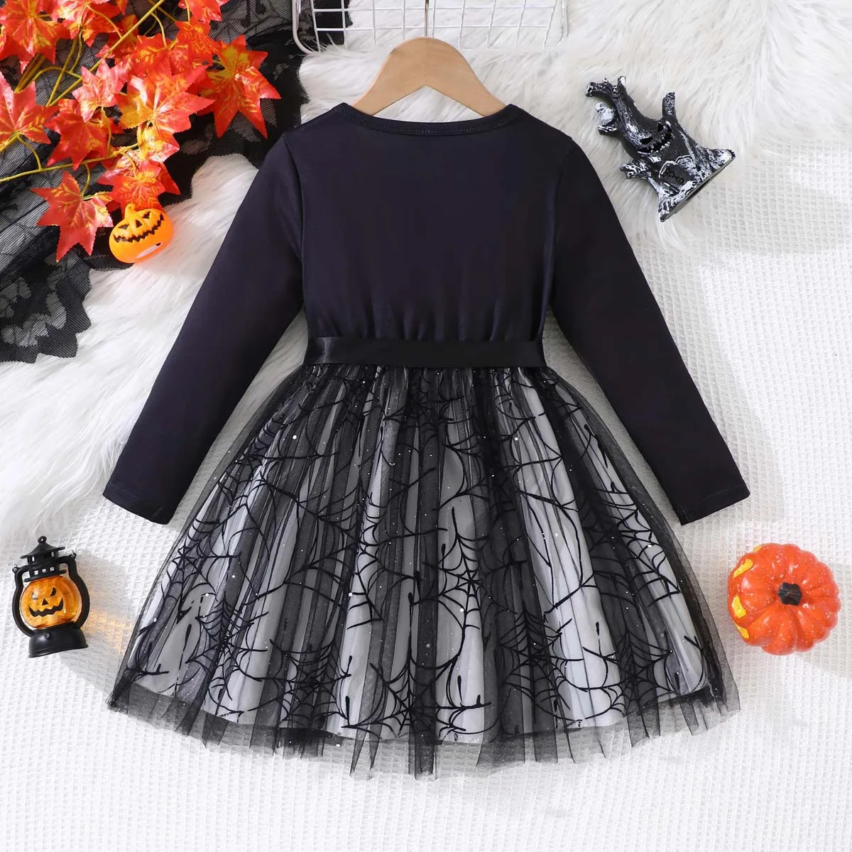 2026 Mädchen-Halloween-Kleid Herbst-Winter-Outfits Gestricktes Rundhals-Langarmkleid mit Rüschen für Partys und Versammlungen Kinderkostüm – Detail 11