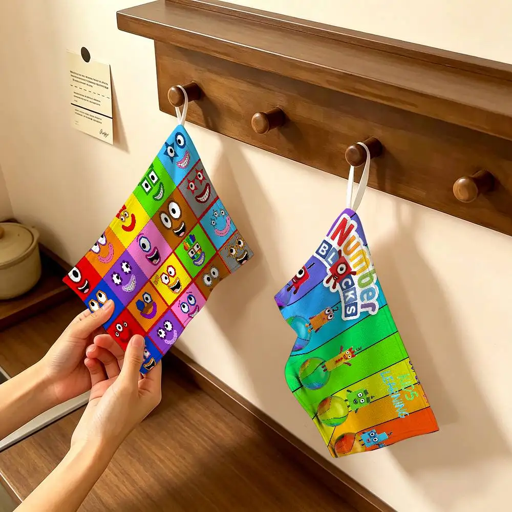 Cartoon N-Number-Blocks Polyester Cotton Hanging Kitchen Towel, Skin Friendly Hand Wiping Towel for Hotel Cafe Household